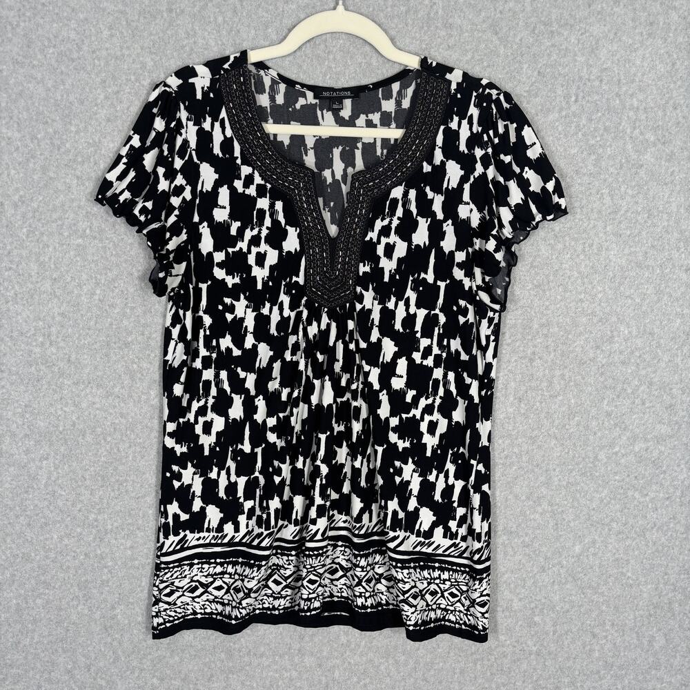 Notations Top Large‎ Black Beaded Abstract Artsy Liquid Career Knit Embellished
